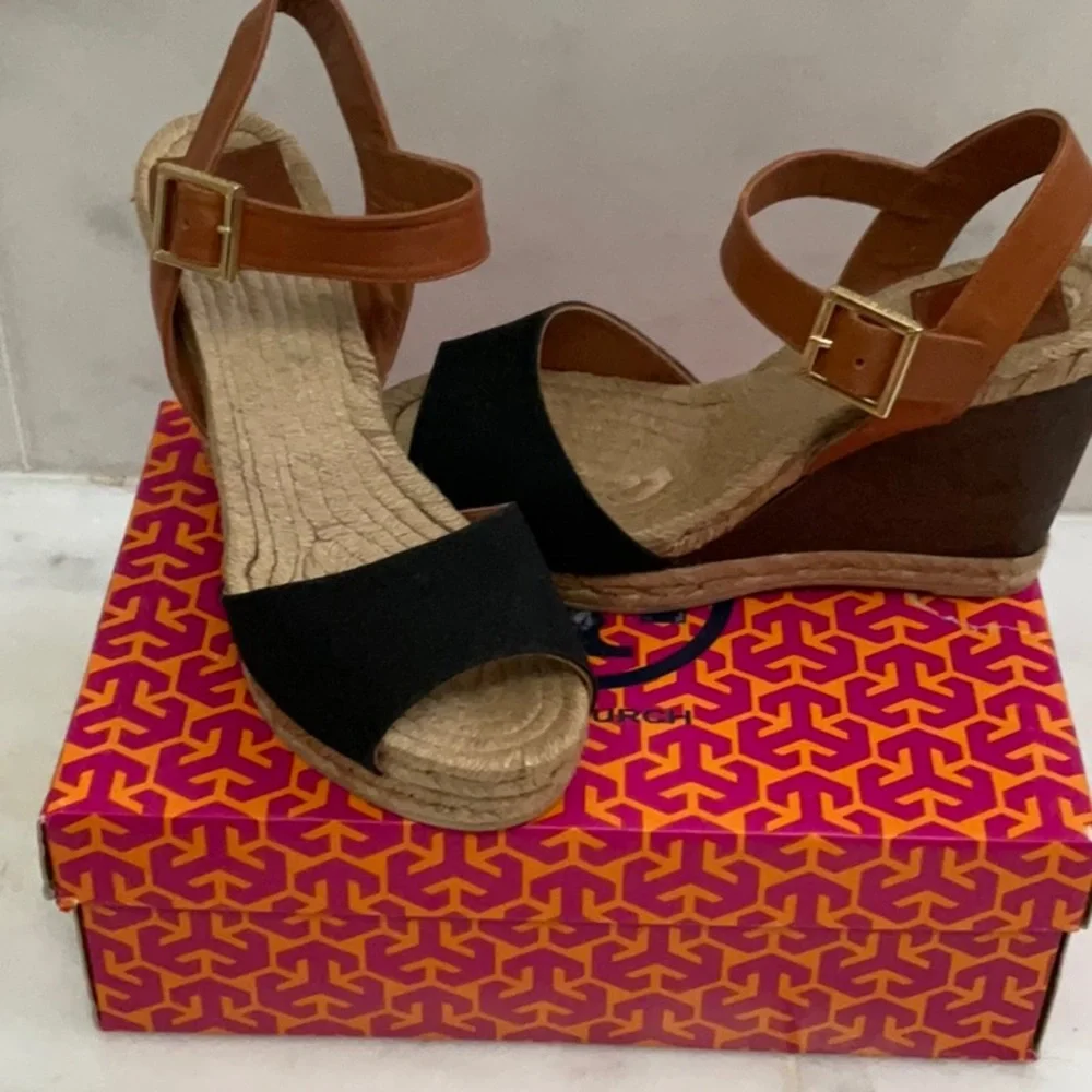 Tory Burch Black and Brown Espadrille Wedge Sandals 8 NIB